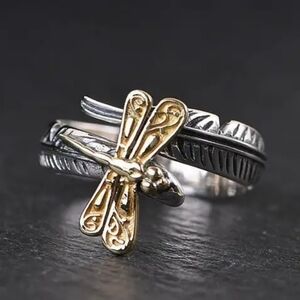 Silver and Gold Tone Open Dragonfly Ring